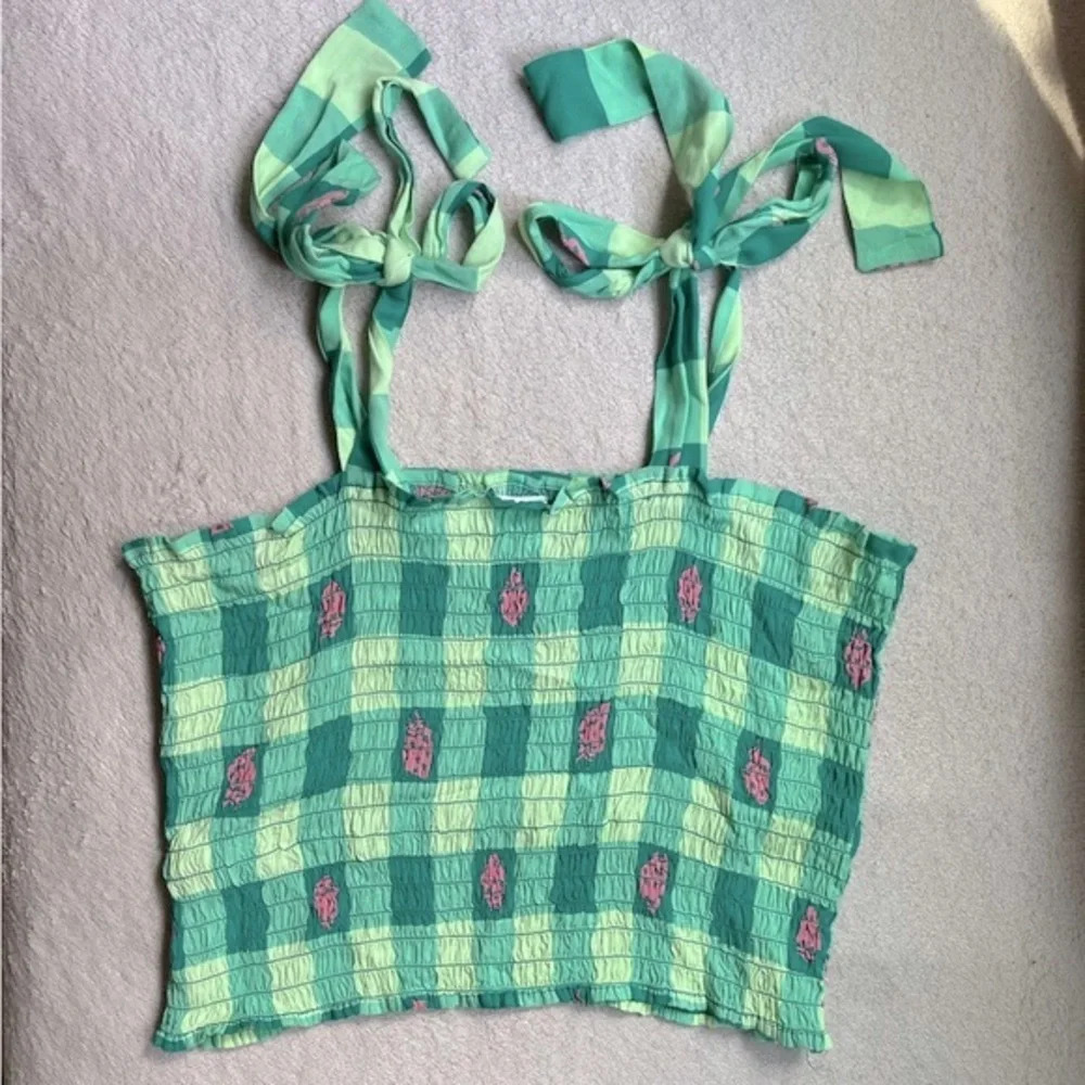 NEW bp Smocked Ruched Crop Tank Top Tie Straps Bow Green Women’s M Y2K Summer